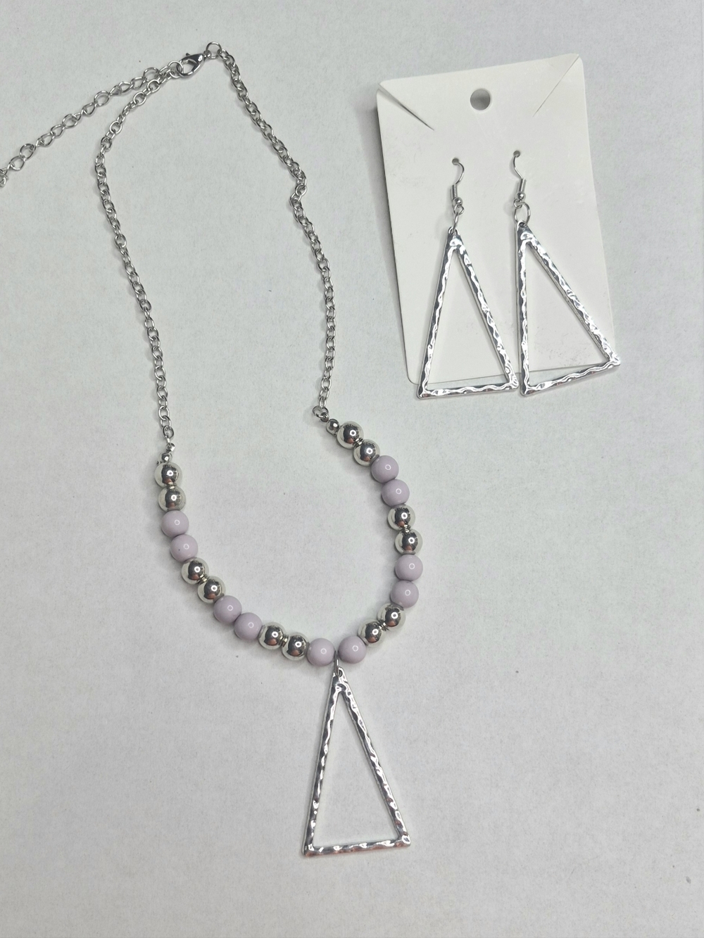 Silver Triangle Pendant Necklace and Earrings Set in Light Lavender